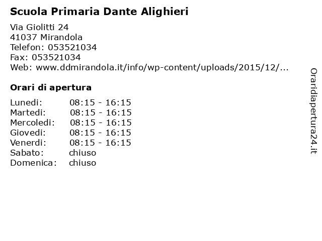 Orari di apertura Scuola Primaria Dante Alighieri Via Giolitti